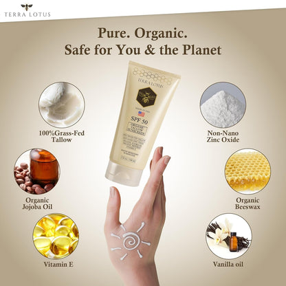Organic Tallow Mineral Sunscreen - 50 SPF - For Face and Body - With 100% Grass-Fed Tallow and Non-Nano Zinc Oxide Reef Safe