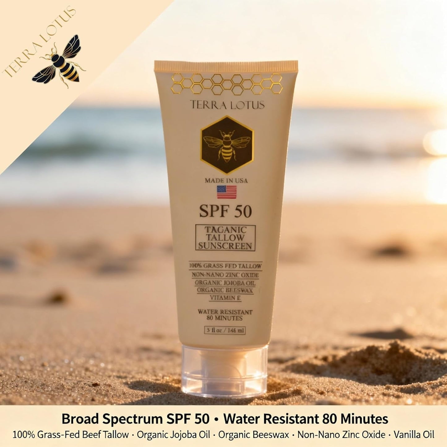 Organic Tallow Mineral Sunscreen - 50 SPF - For Face and Body - With 100% Grass-Fed Tallow and Non-Nano Zinc Oxide Reef Safe